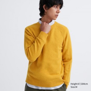 Yellow Men Uniqlo Premium Lambswool Crew Neck Long Sleeve Sweaters | USA OYITQ-3842