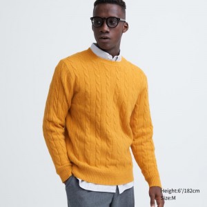 Yellow Men Uniqlo Souffle Yarn Cable Crew Neck Sweaters | USA REGUQ-8205