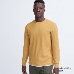 Yellow Men Uniqlo Waffle Crew Neck Long-sleeve T Shirts | USA BSROT-0534