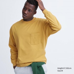 Yellow Men Uniqlo Washed Cotton Crew Neck Long-sleeve T Shirts | USA AGZHF-2891