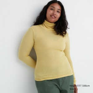 Yellow Women Uniqlo Heattech Extra Warm Seamless Ribbed Turtleneck Long-sleeve T Shirts | USA VJMSI-1827