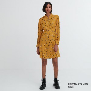 Yellow Women Uniqlo Printed V-neck Long-sleeve Mini Dress | USA MLRSU-8269