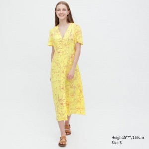 Yellow Women Uniqlo Printed V-neck Short-sleeve Flare Dress | USA DURYX-1892