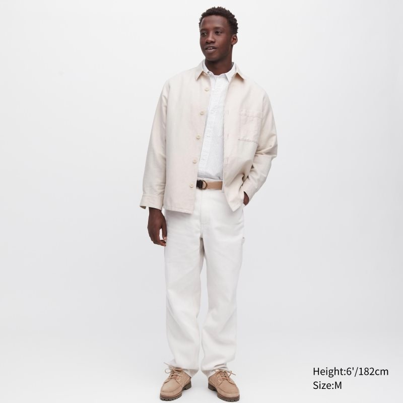 Beige Men Uniqlo Cotton Linen Over Shirt Jackets | USA RVHEQ-1973