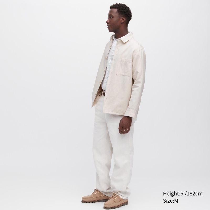 Beige Men Uniqlo Cotton Linen Over Shirt Jackets | USA RVHEQ-1973