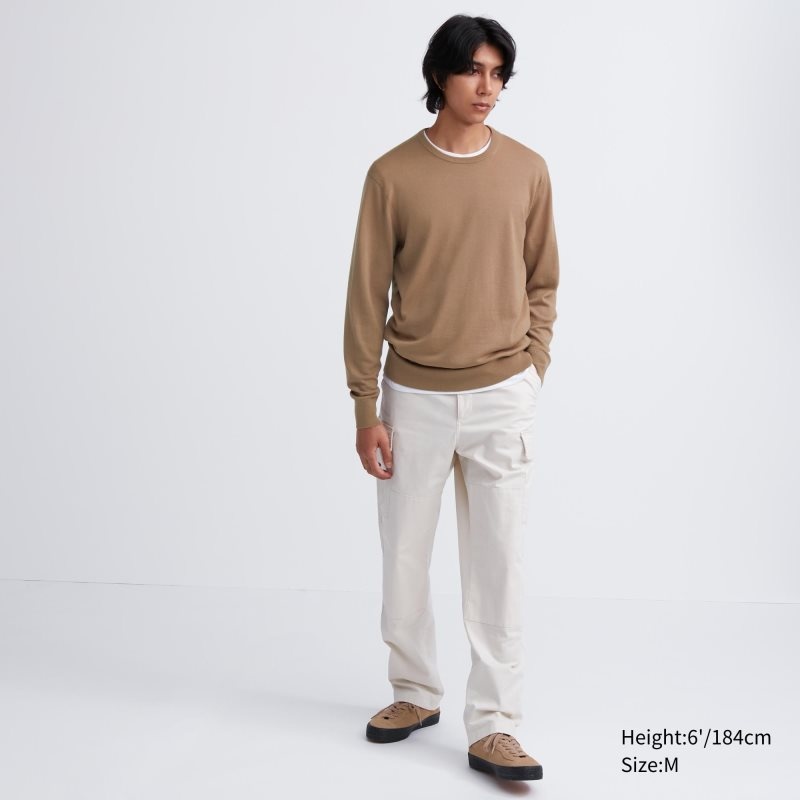 Beige Men Uniqlo Extra Fine Merino Crew Neck Sweaters | USA WNGCA-2476