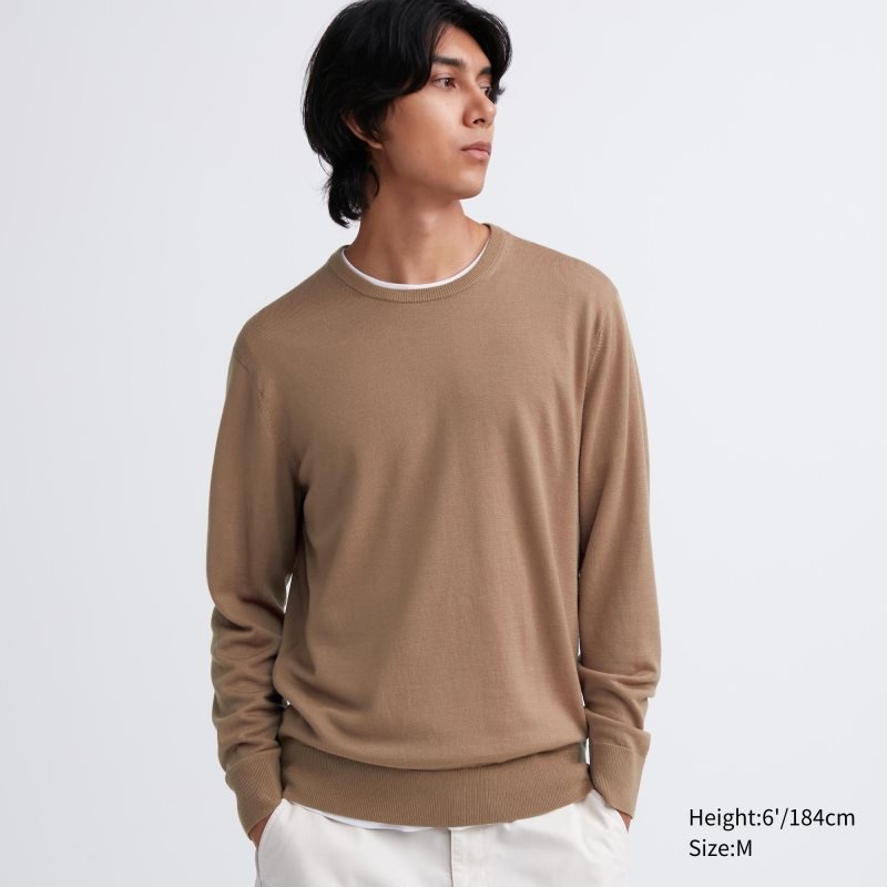 Beige Men Uniqlo Extra Fine Merino Crew Neck Sweaters | USA WNGCA-2476