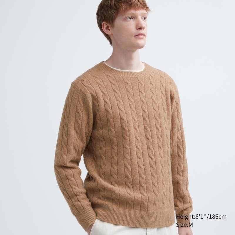 Beige Men Uniqlo Souffle Yarn Cable Crew Neck Sweaters | USA EUMWF-8752