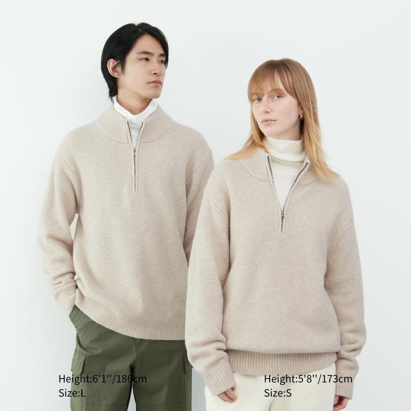 Beige Men Uniqlo Souffle Yarn Long Sleeve Half-zip Sweaters | USA SRULM-4806