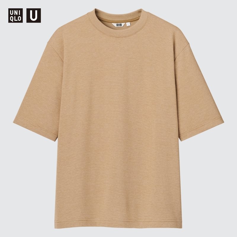 Beige Men Uniqlo U Airism Cotton Striped Crew Neck Oversized T Shirts | USA PNGVH-4675