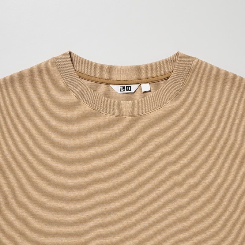 Beige Men Uniqlo U Airism Cotton Striped Crew Neck Oversized T Shirts | USA PNGVH-4675