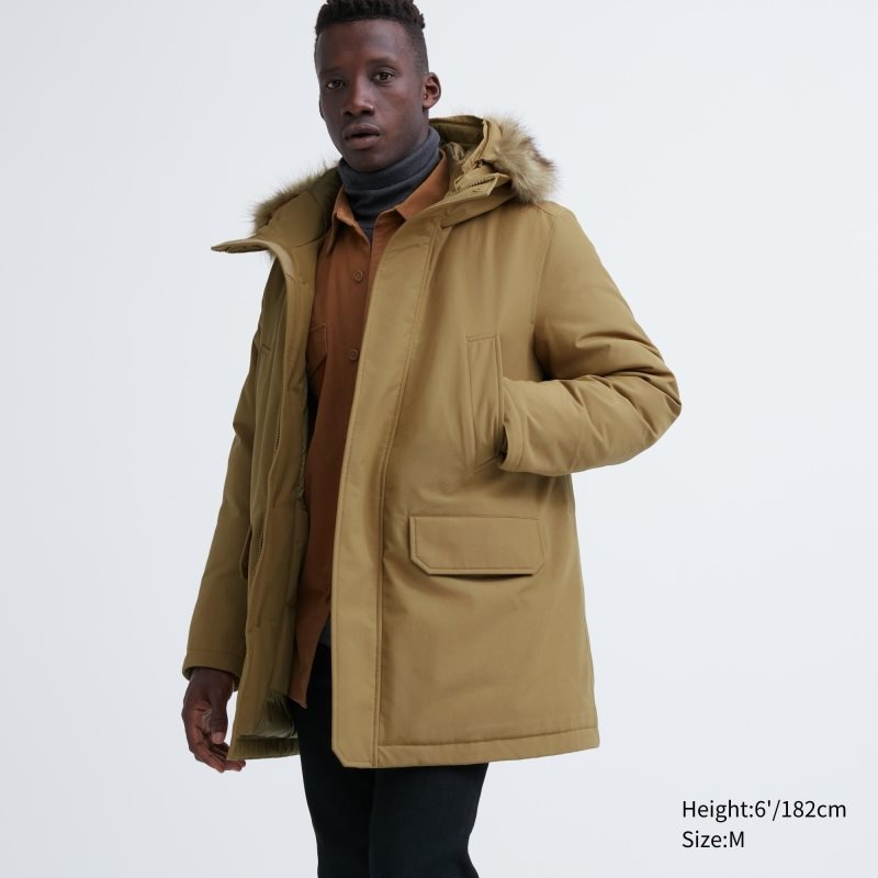 Beige Men Uniqlo Ultra Warm Hybrid Down Coats | USA BVJQW-0486