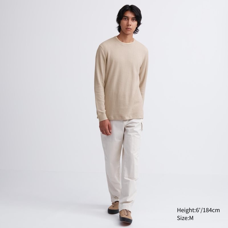 Beige Men Uniqlo Waffle Crew Neck Long-sleeve T Shirts | USA AVXWS-3628