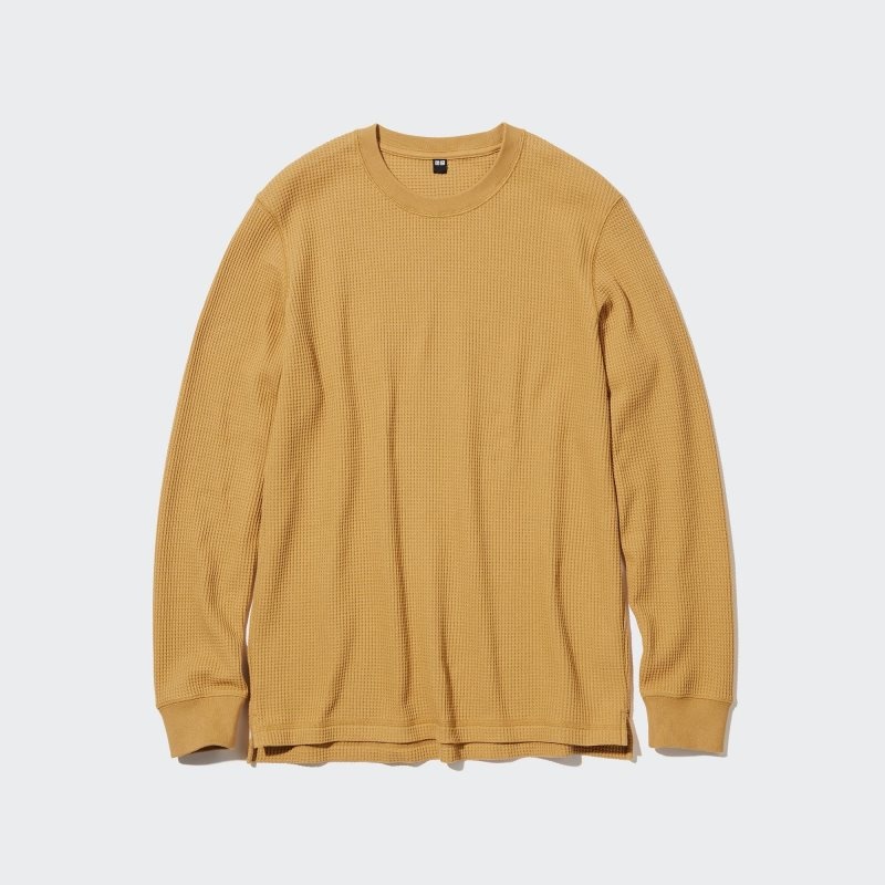 Beige Men Uniqlo Waffle Crew Neck Long-sleeve T Shirts | USA AVXWS-3628