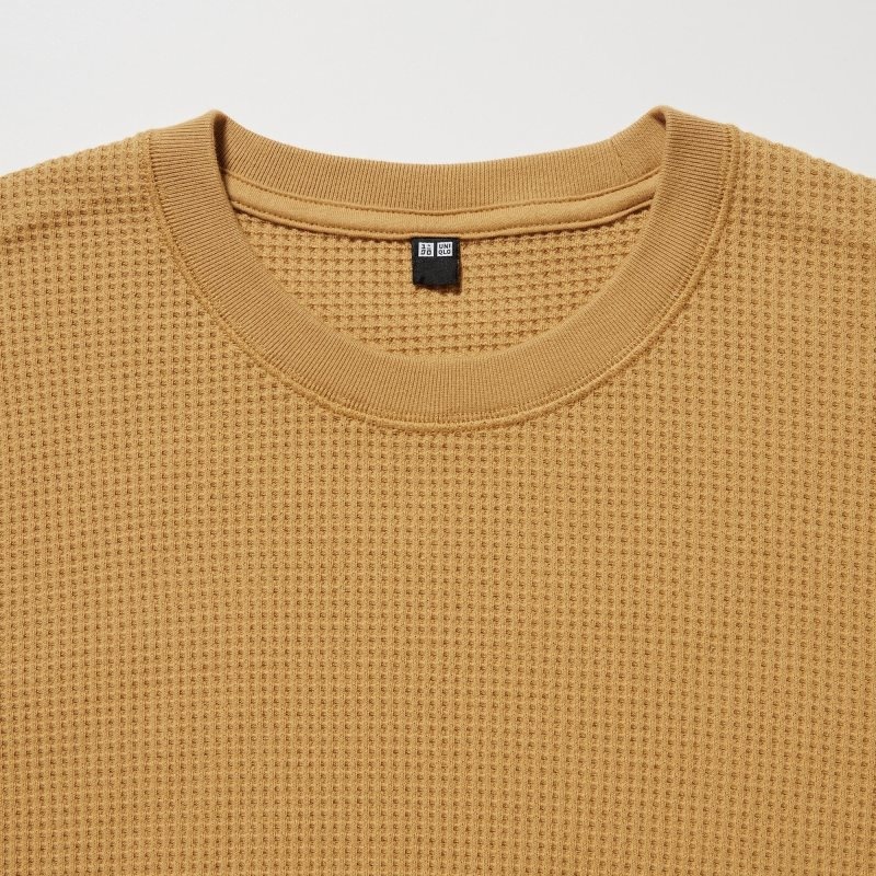 Beige Men Uniqlo Waffle Crew Neck Long-sleeve T Shirts | USA AVXWS-3628