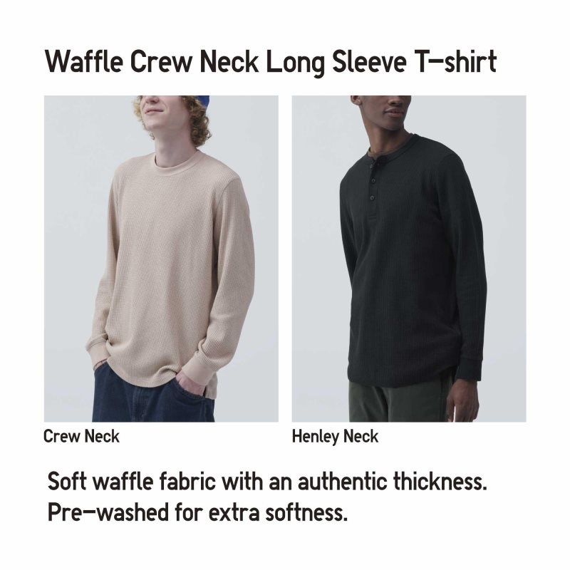 Beige Men Uniqlo Waffle Crew Neck Long-sleeve T Shirts | USA AVXWS-3628