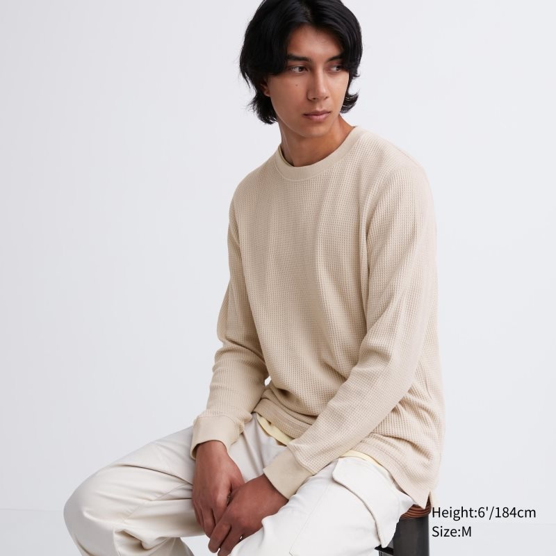 Beige Men Uniqlo Waffle Crew Neck Long-sleeve T Shirts | USA AVXWS-3628