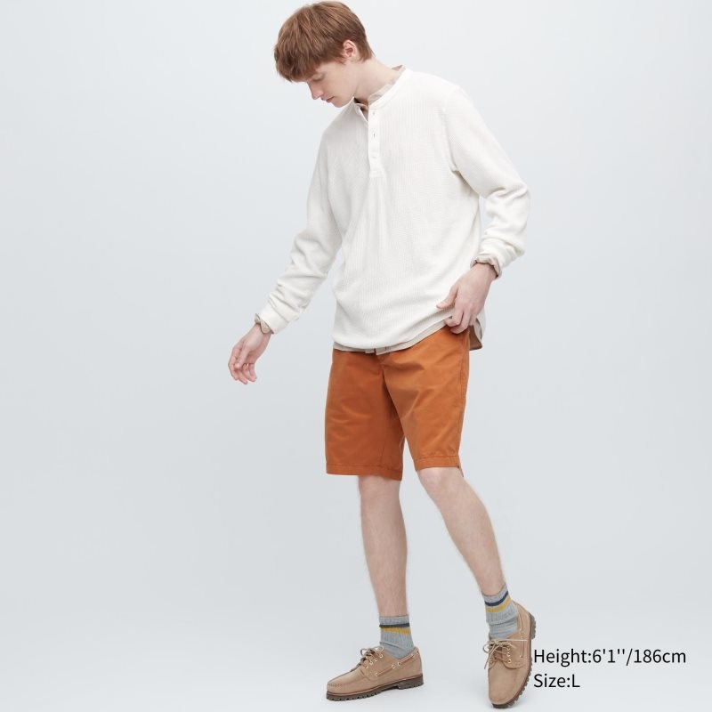 Beige Men Uniqlo Waffle Long-sleeve Henley T Shirts | USA ZMKSO-7651