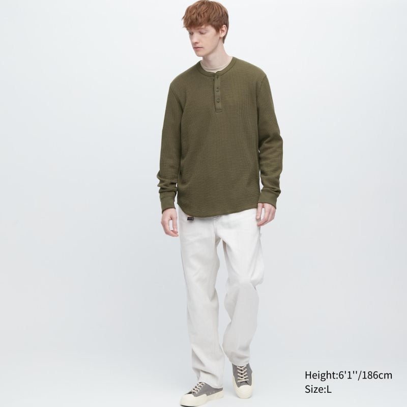 Beige Men Uniqlo Waffle Long-sleeve Henley T Shirts | USA ZMKSO-7651