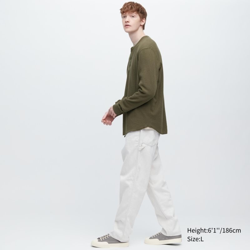 Beige Men Uniqlo Waffle Long-sleeve Henley T Shirts | USA ZMKSO-7651