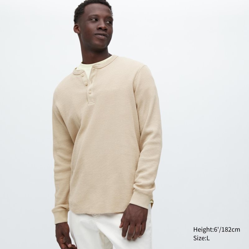 Beige Men Uniqlo Waffle Long-sleeve Henley T Shirts | USA ZMKSO-7651