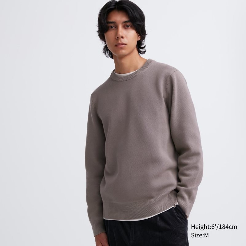 Beige Men Uniqlo Washable Milano Ribbed Crew Neck Sweaters | USA RSHWB-4051