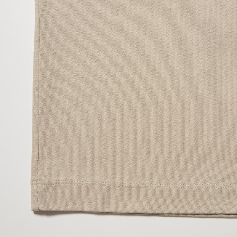 Beige Men Uniqlo Washed Cotton Crew Neck Long-sleeve T Shirts | USA OPXVZ-8721