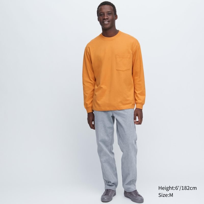 Beige Men Uniqlo Washed Cotton Crew Neck Long-sleeve T Shirts | USA OPXVZ-8721