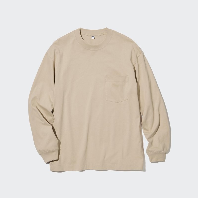 Beige Men Uniqlo Washed Cotton Crew Neck Long-sleeve T Shirts | USA OPXVZ-8721