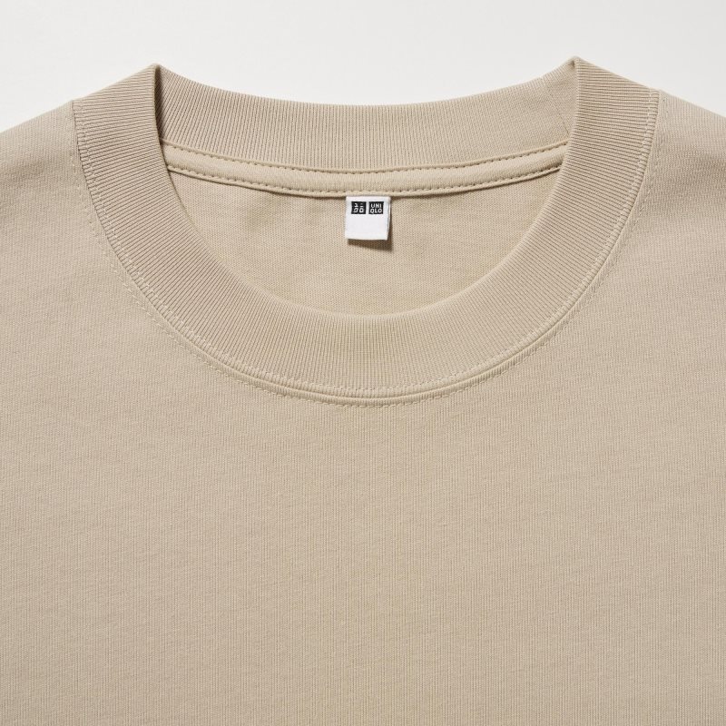 Beige Men Uniqlo Washed Cotton Crew Neck Long-sleeve T Shirts | USA OPXVZ-8721