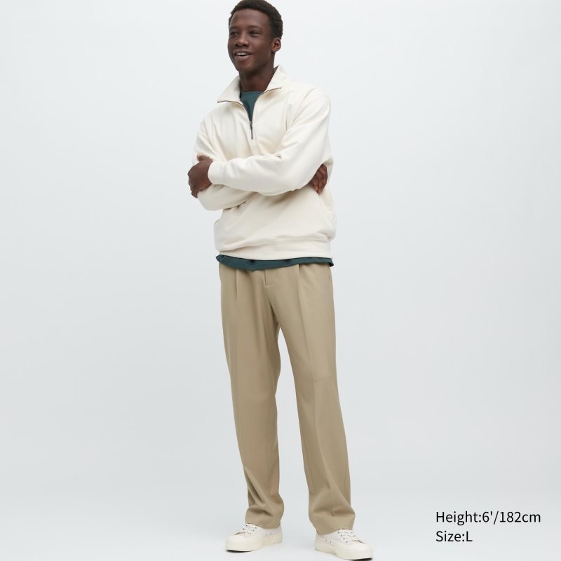 Beige Men Uniqlo Wide-fit Pleated Pants | USA YIUAE-0681