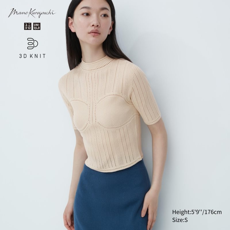 Beige Women Uniqlo 3d Knit Mesh Half-sleeve (Mame Kurogouchi) Sweaters | USA NHETI-5409