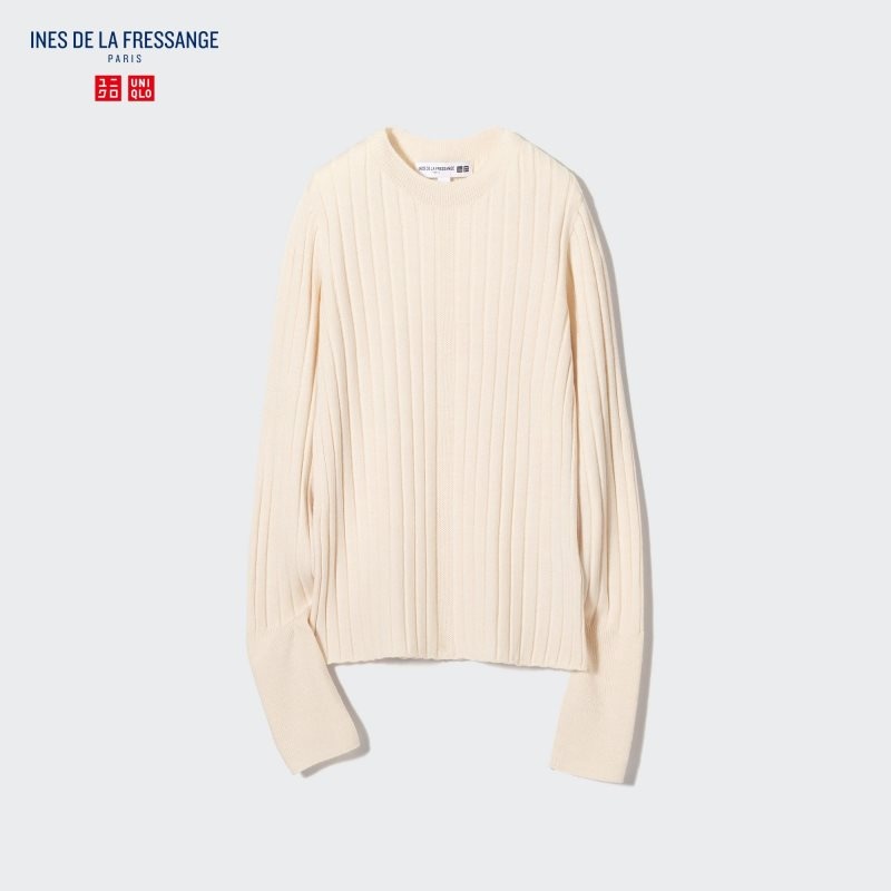 Beige Women Uniqlo 3d Knit Wide Ribbed Crew Neck (Ines De La Fressange) Sweaters | USA DTEZJ-5347