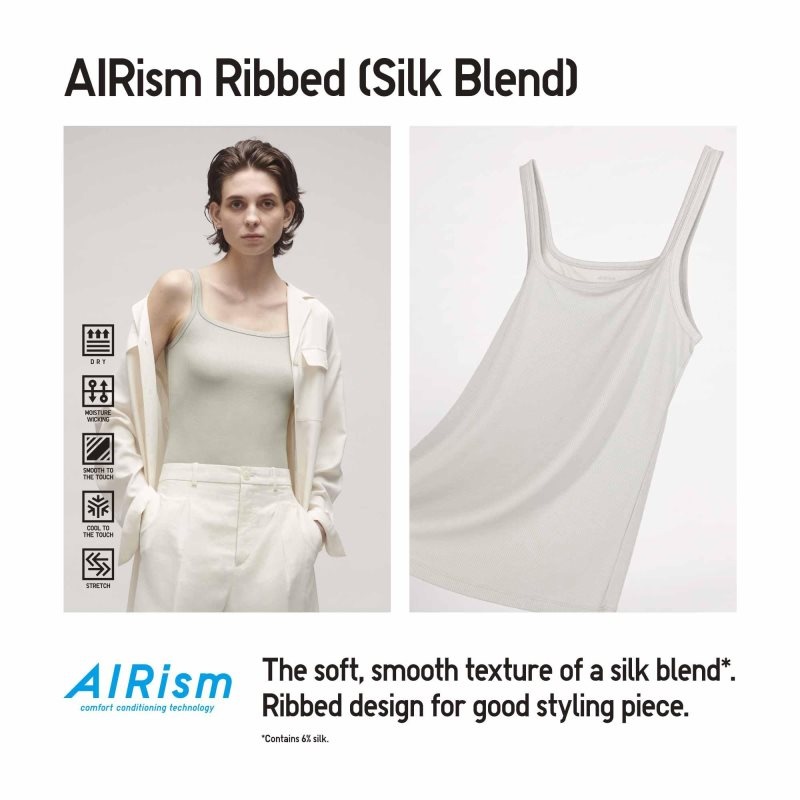 Beige Women Uniqlo Airism Ribbed Sleeveless (Silk Blend) Tops | USA YQTML-3802