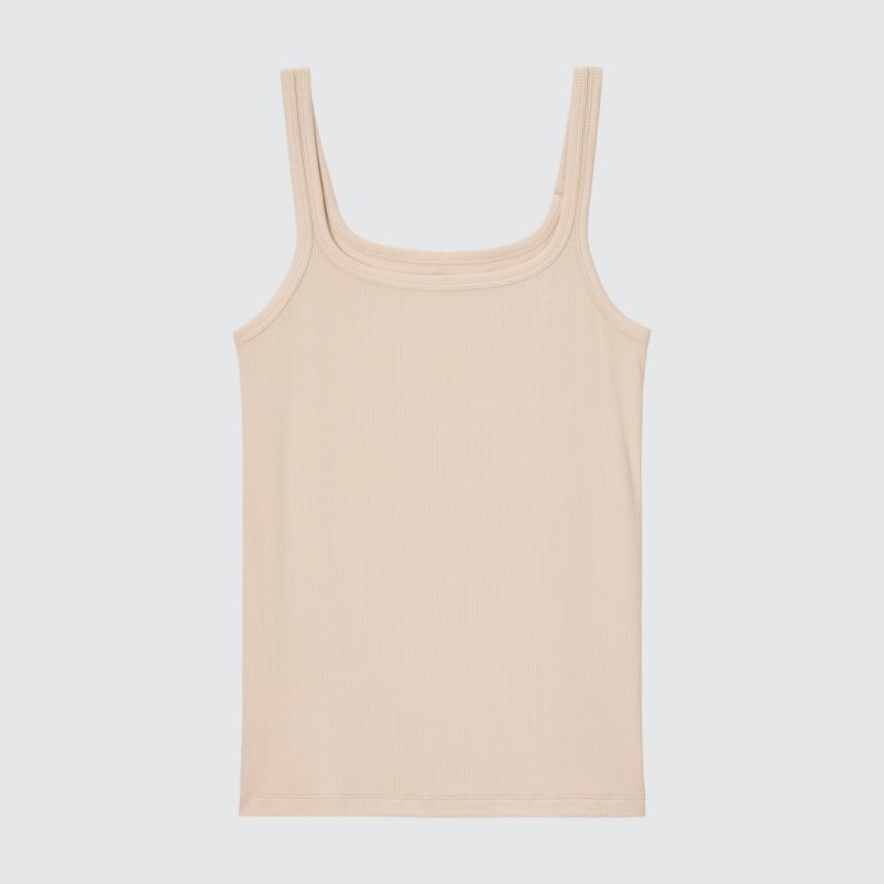 Beige Women Uniqlo Airism Ribbed Sleeveless (Silk Blend) Tops | USA YQTML-3802