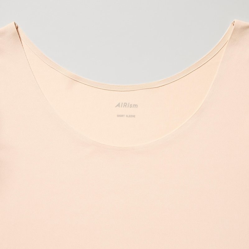 Beige Women Uniqlo Airism Scoop Neck Short-sleeve T Shirts | USA RFCVU-2863