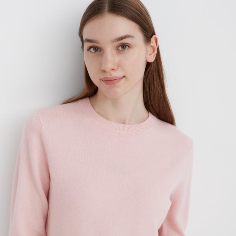 Beige Women Uniqlo Cashmere Crew Neck Long-sleeve Sweaters | USA HQUKC-8506