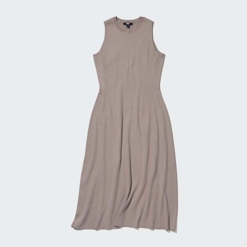 Beige Women Uniqlo Cotton Blend Knit Sleeveless Dress | USA OBCWY-6052