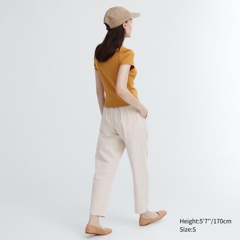 Beige Women Uniqlo Cotton Relaxed Ankle Pants | USA AHDXU-9254