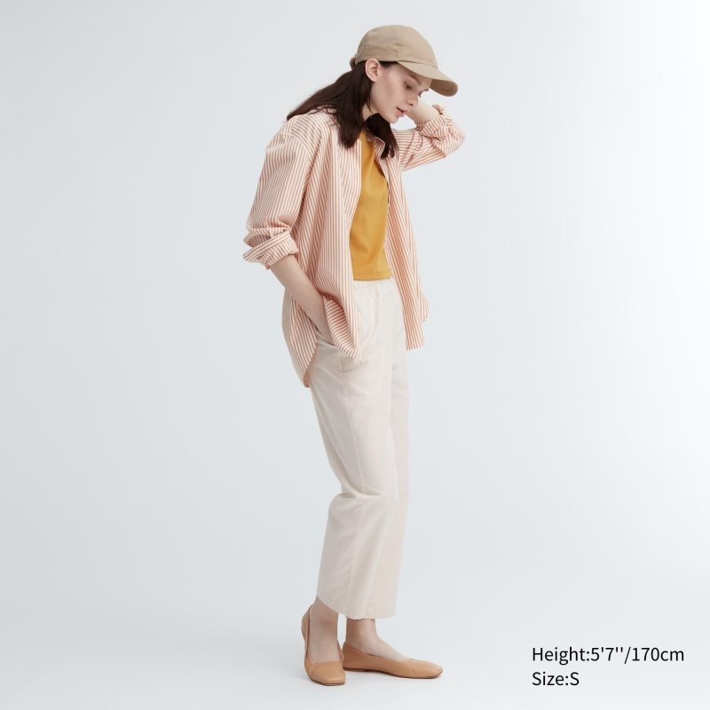 Beige Women Uniqlo Cotton Relaxed Ankle Pants | USA YWMKX-5302