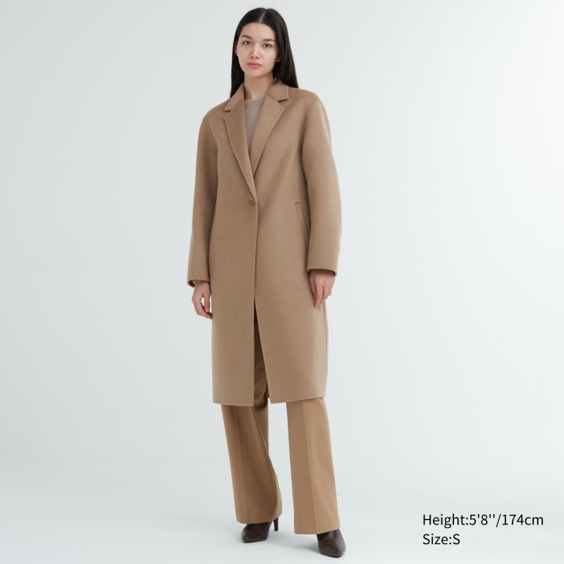 Beige Women Uniqlo Double Face Long Coats | USA QDMPY-0137