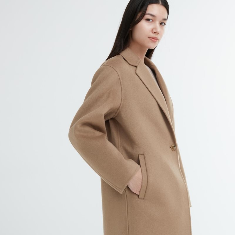 Beige Women Uniqlo Double Face Long Coats | USA QDMPY-0137