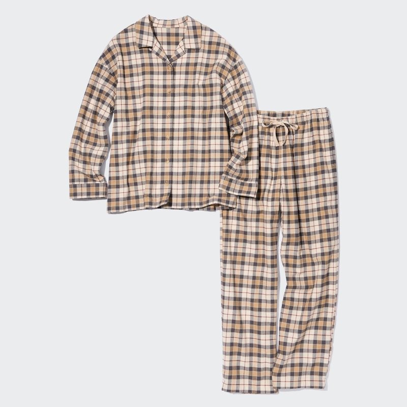 Beige Women Uniqlo Flannel Long-sleeve Pajamas | USA MWEKO-3576