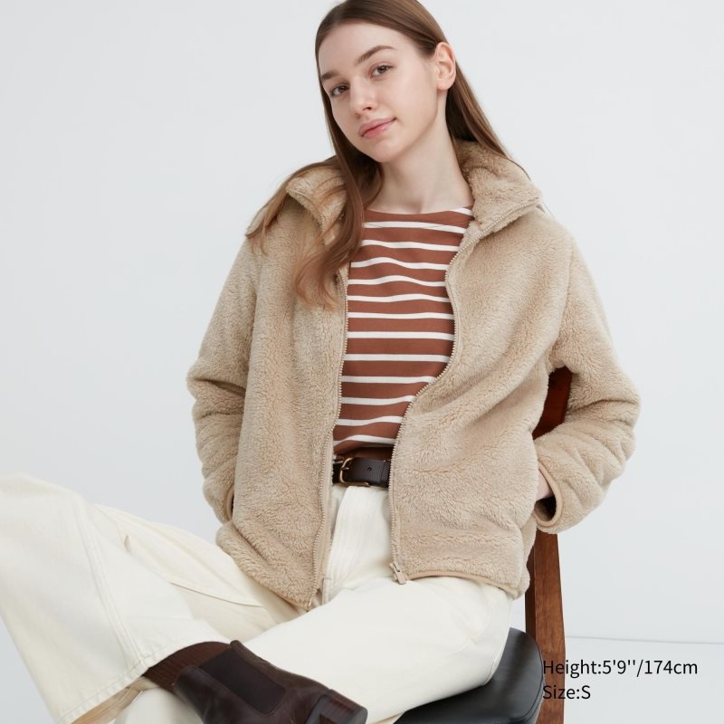 Beige Women Uniqlo Fluffy Yarn Fleece Full-zip Jackets | USA IWZHK-6140