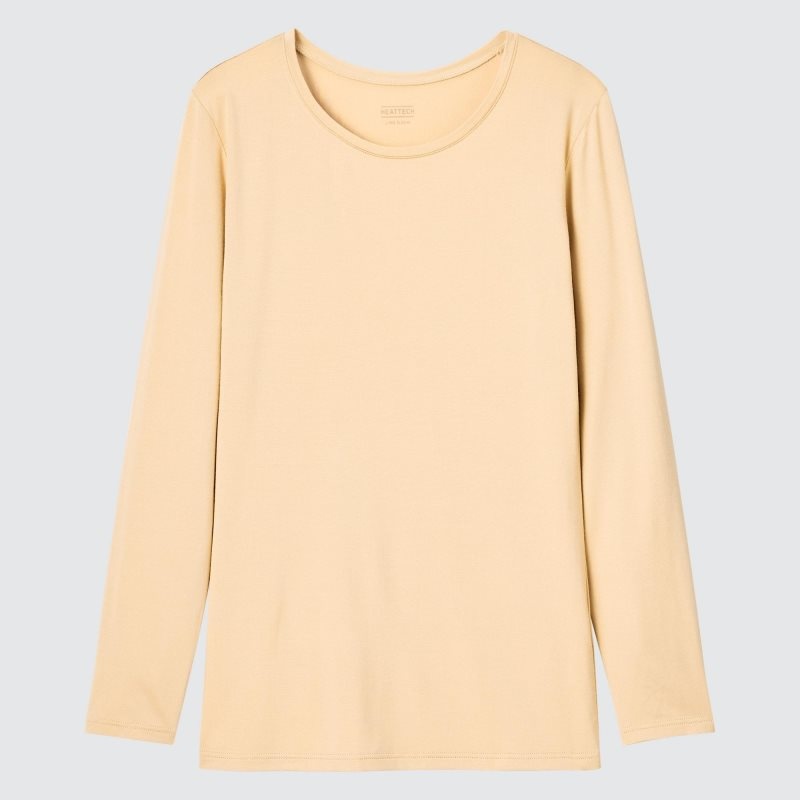 Beige Women Uniqlo Heattech Crew Neck Long-sleeve T Shirts | USA PCDYH-8143