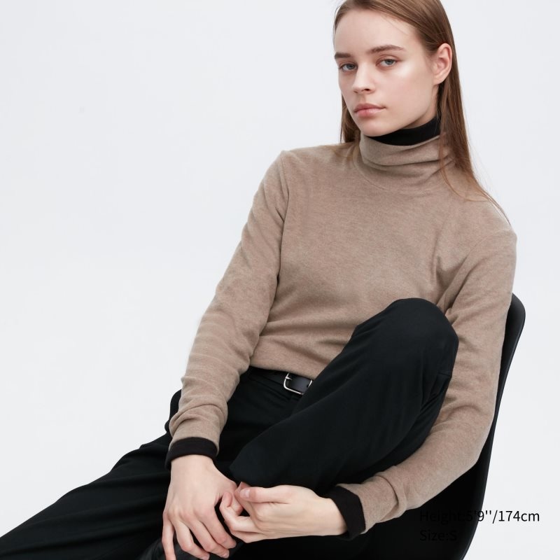 Beige Women Uniqlo Heattech Fleece Turtleneck Long-sleeve T Shirts | USA UYAJV-3506