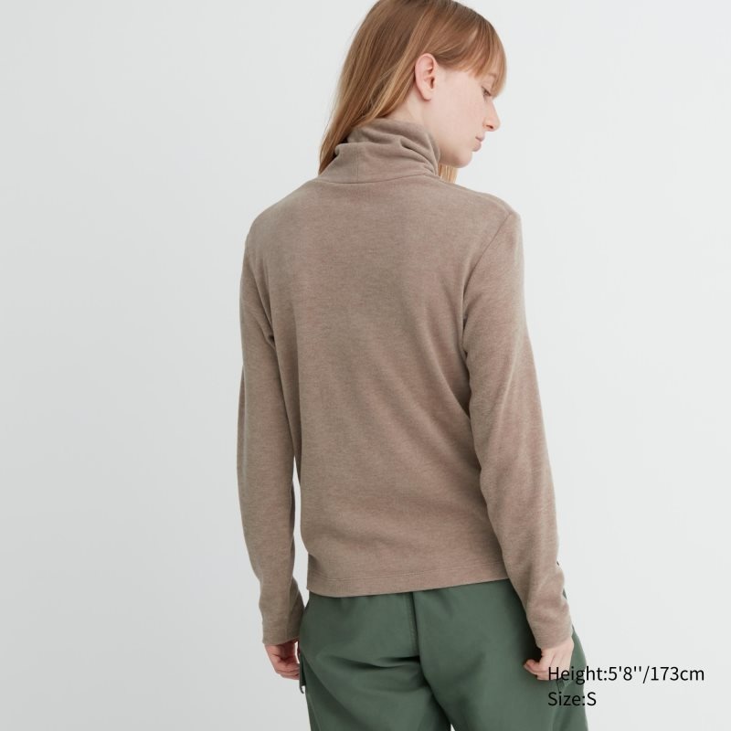 Beige Women Uniqlo Heattech Fleece Turtleneck Long-sleeve T Shirts | USA ZXBDF-5312