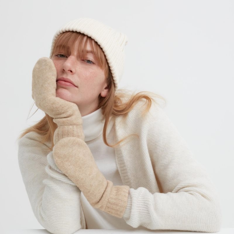 Beige Women Uniqlo Heattech Lining Souffle Yarn Mittens Gloves | USA OADSQ-5160