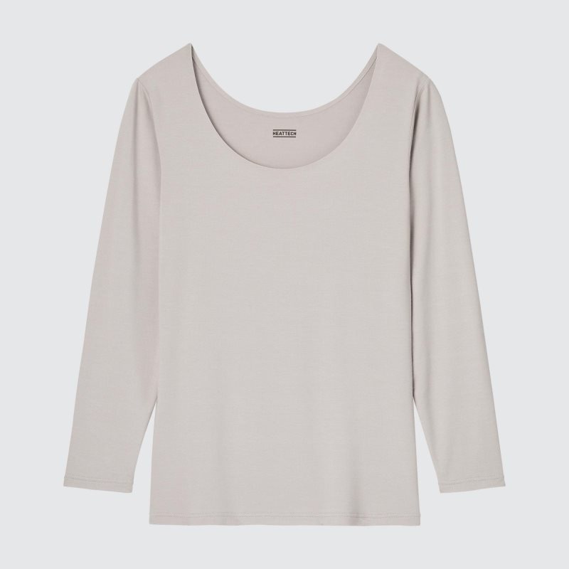 Beige Women Uniqlo Heattech Scoop Neck Long-sleeve T Shirts | USA VBJQC-8946