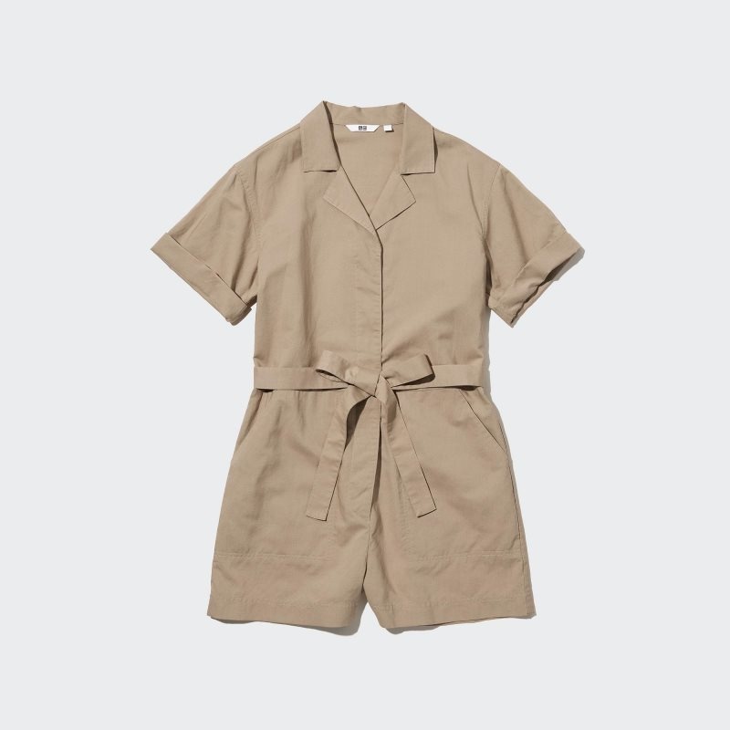 Beige Women Uniqlo Linen Blend Short-sleeve Romper Dress | USA BOVZA-4721